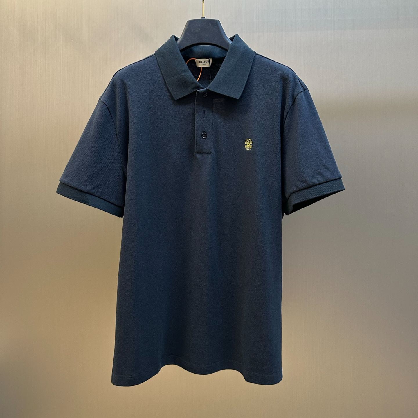 CELINE Triomphe embroidered cotton polo shirt, navy (RX0LF2L55GKS3）