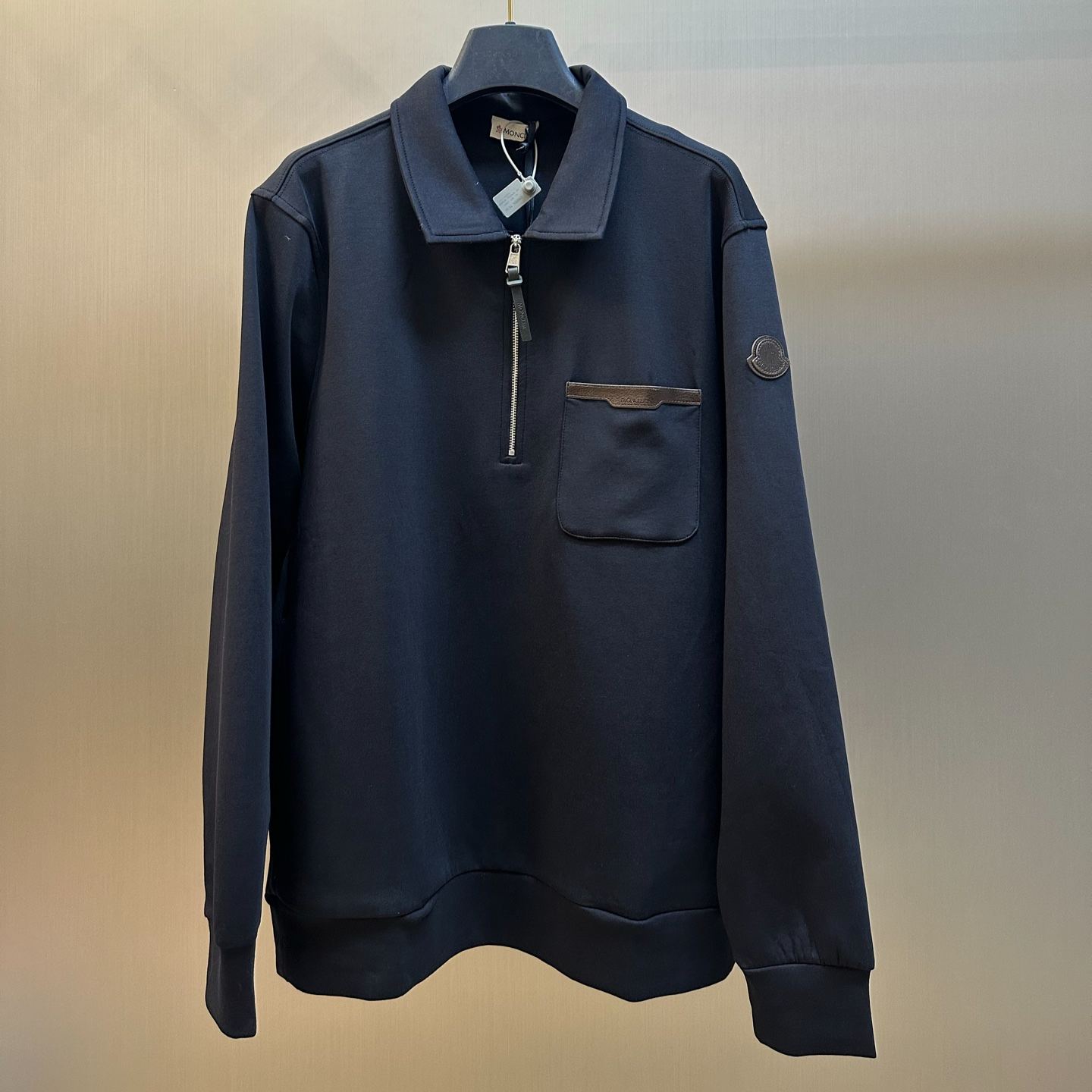 Moncler Men's Cotton-Blend Half-Zip Sweatshirt with Leather Logo Patch（L10918G0002589B5F779）