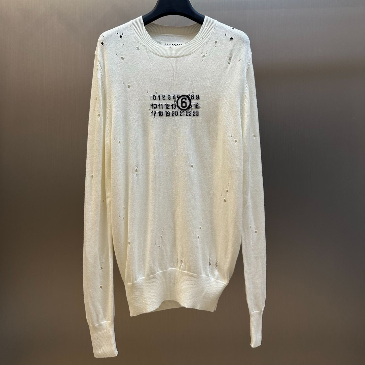 Maison Margiela Men's White Mm6 Numbers Logo Distressed Knitted Jumper (SH0HL0033-M13134-103）