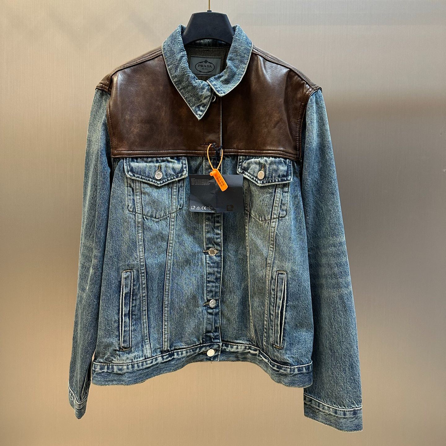 PRADA denim leather jacket (GEB257-1638-F0008-S-AA1）