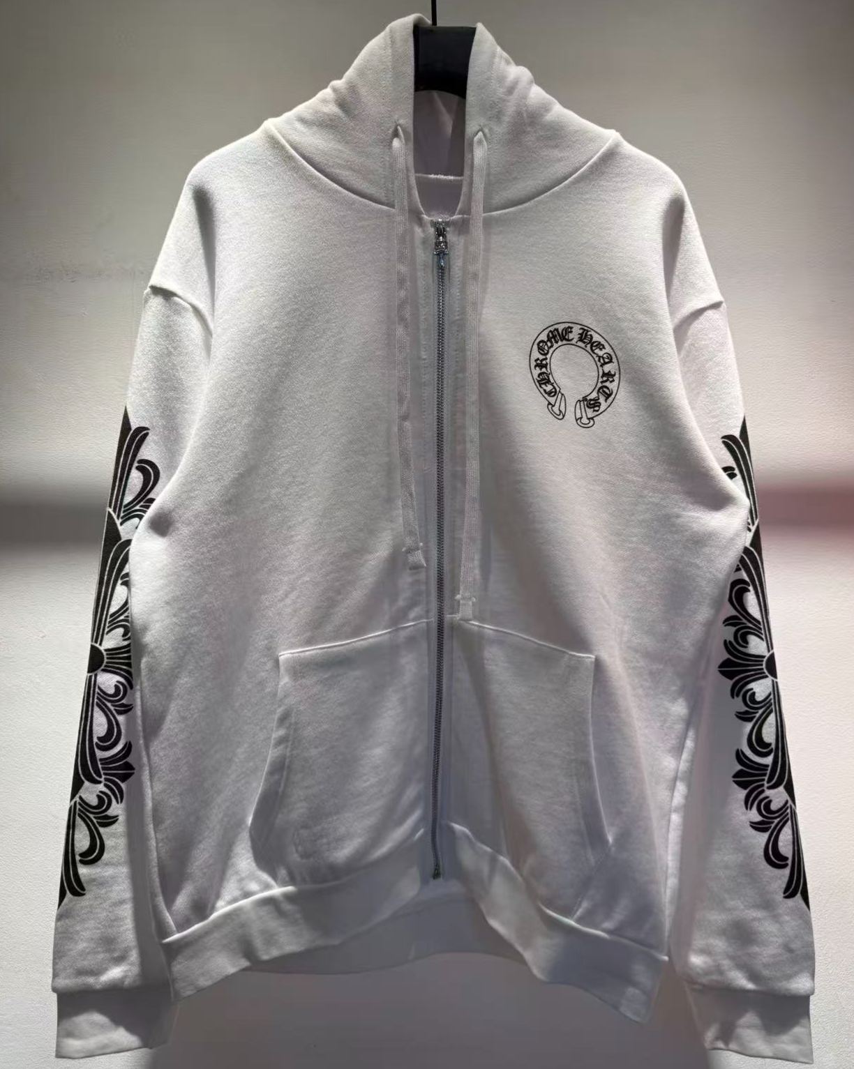 【N】Chrome Hearts Horseshoe Floral Sleeve Fleece Zip Up Hoodie（CH20269128）