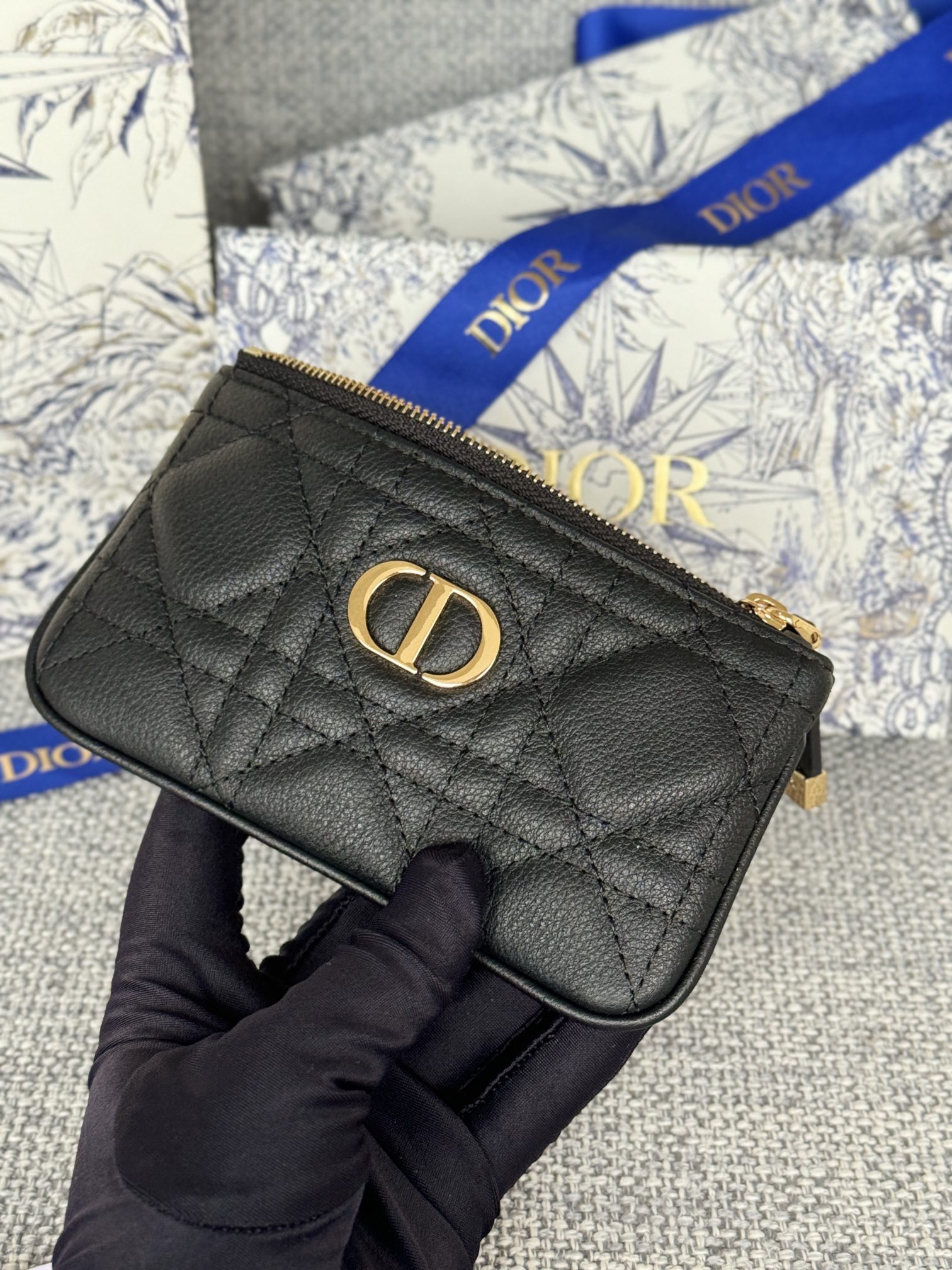 Dior Cannage Key Ring Coin Case Black（S5158UWHC-M900）