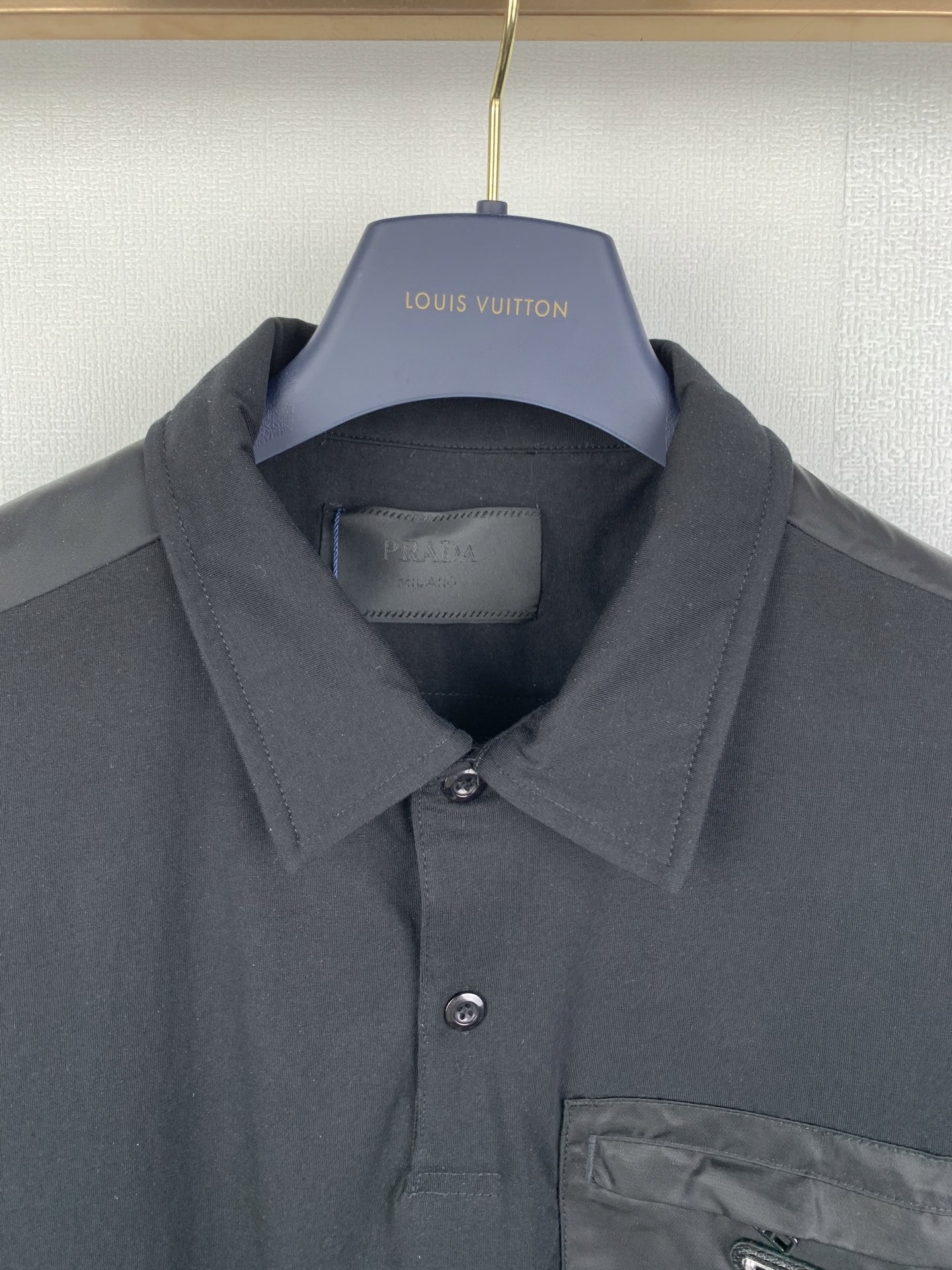 PRADA Nylon Pocket Re-Nylon Stretch Cotton Polo Shirt (UJN703-1YED-F0N40-S-211）