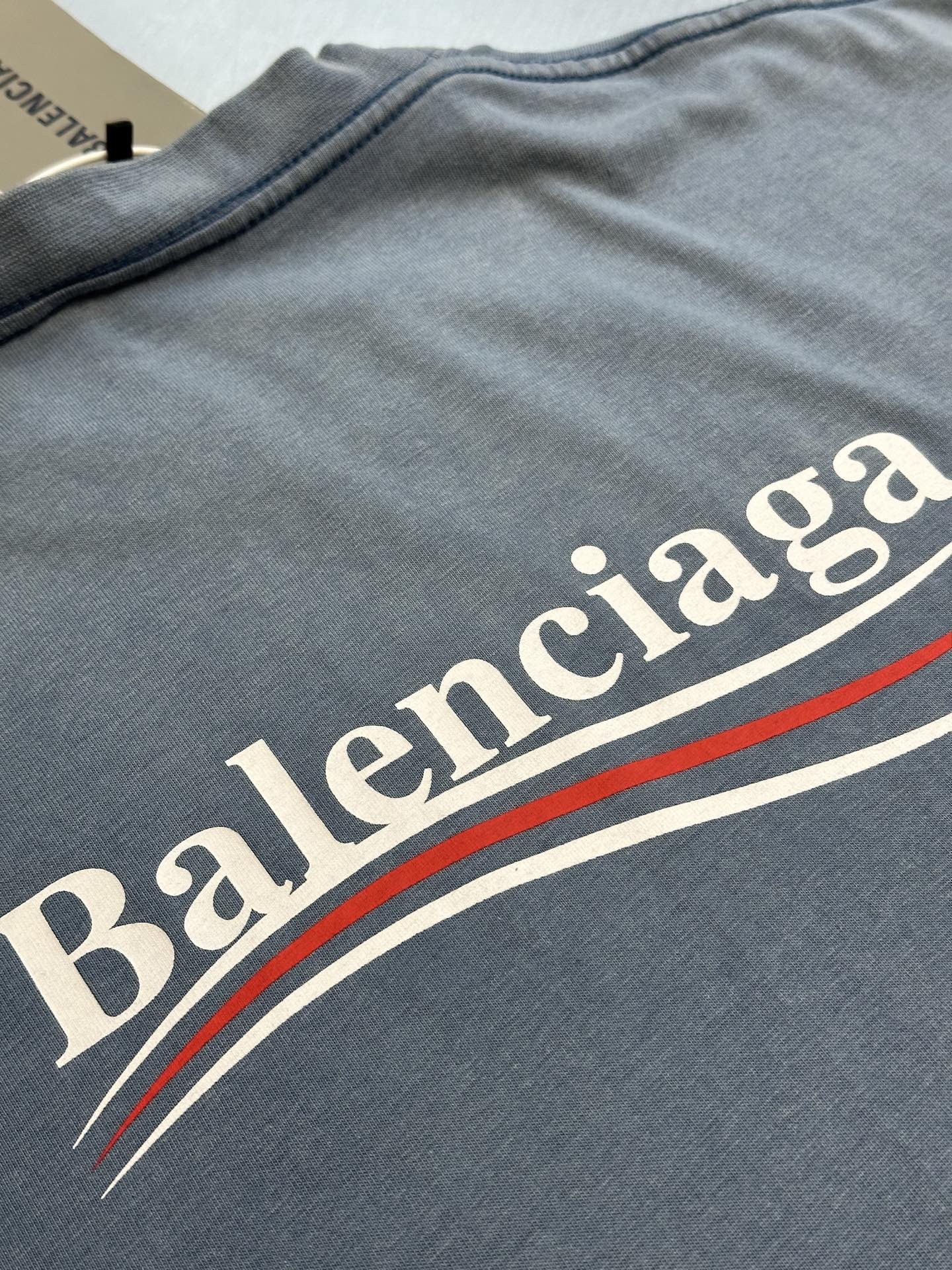 BALENCIAGA  Men's Political Campaign T-shirt Medium Fit in Faded Blue/white/red (764235TIV529798）