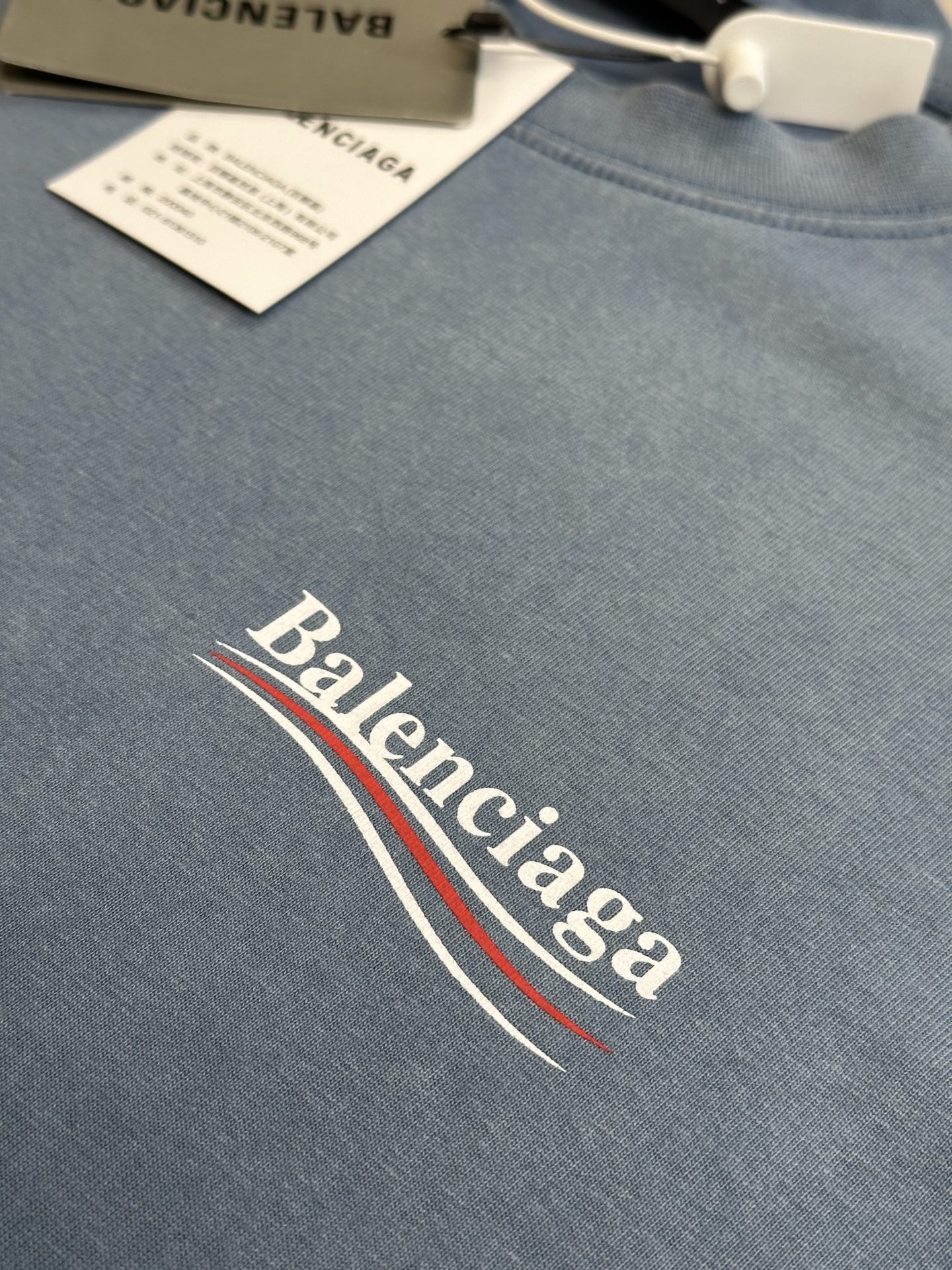 BALENCIAGA  Men's Political Campaign T-shirt Medium Fit in Faded Blue/white/red (764235TIV529798）