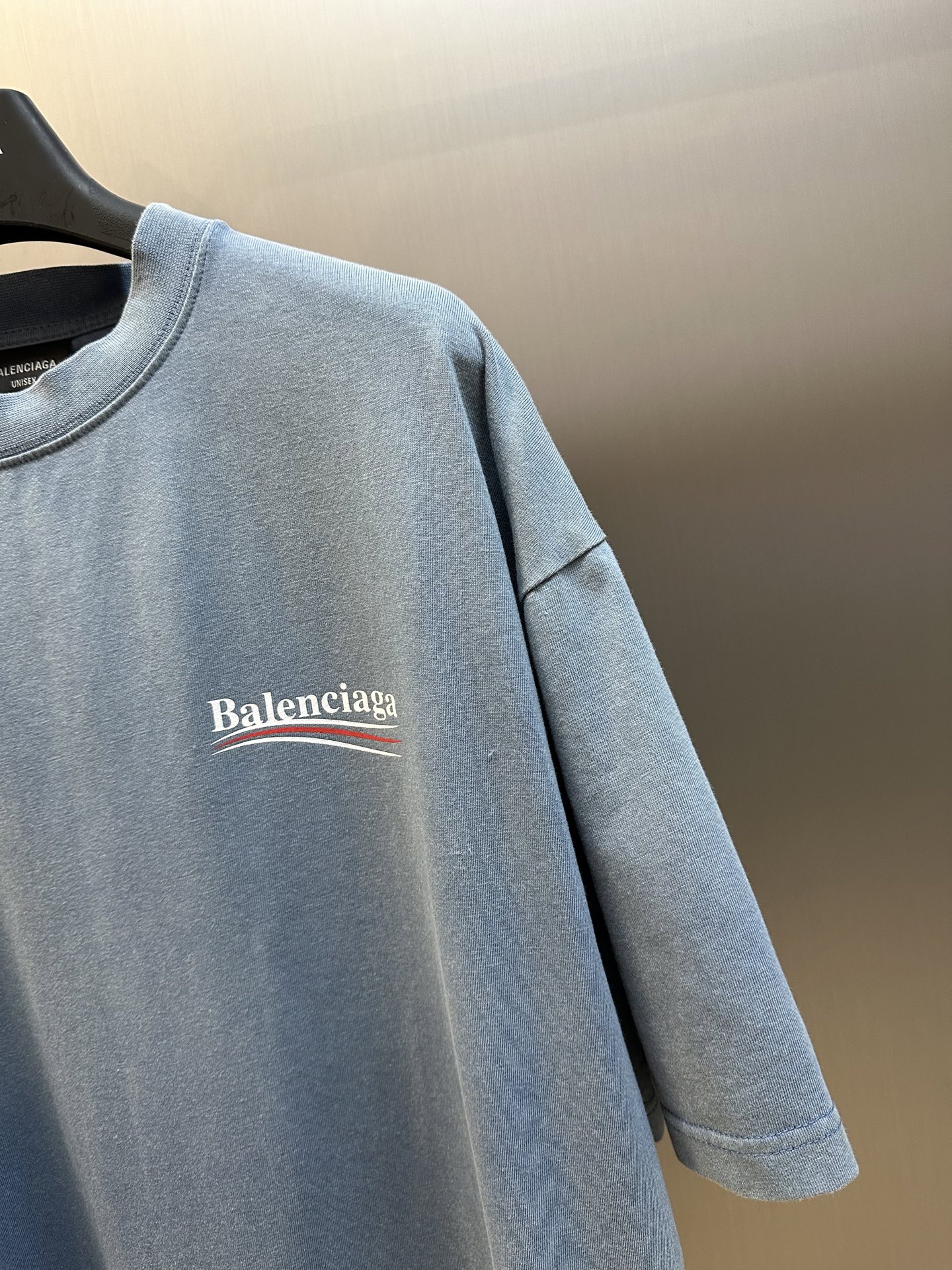 BALENCIAGA  Men's Political Campaign T-shirt Medium Fit in Faded Blue/white/red (764235TIV529798）