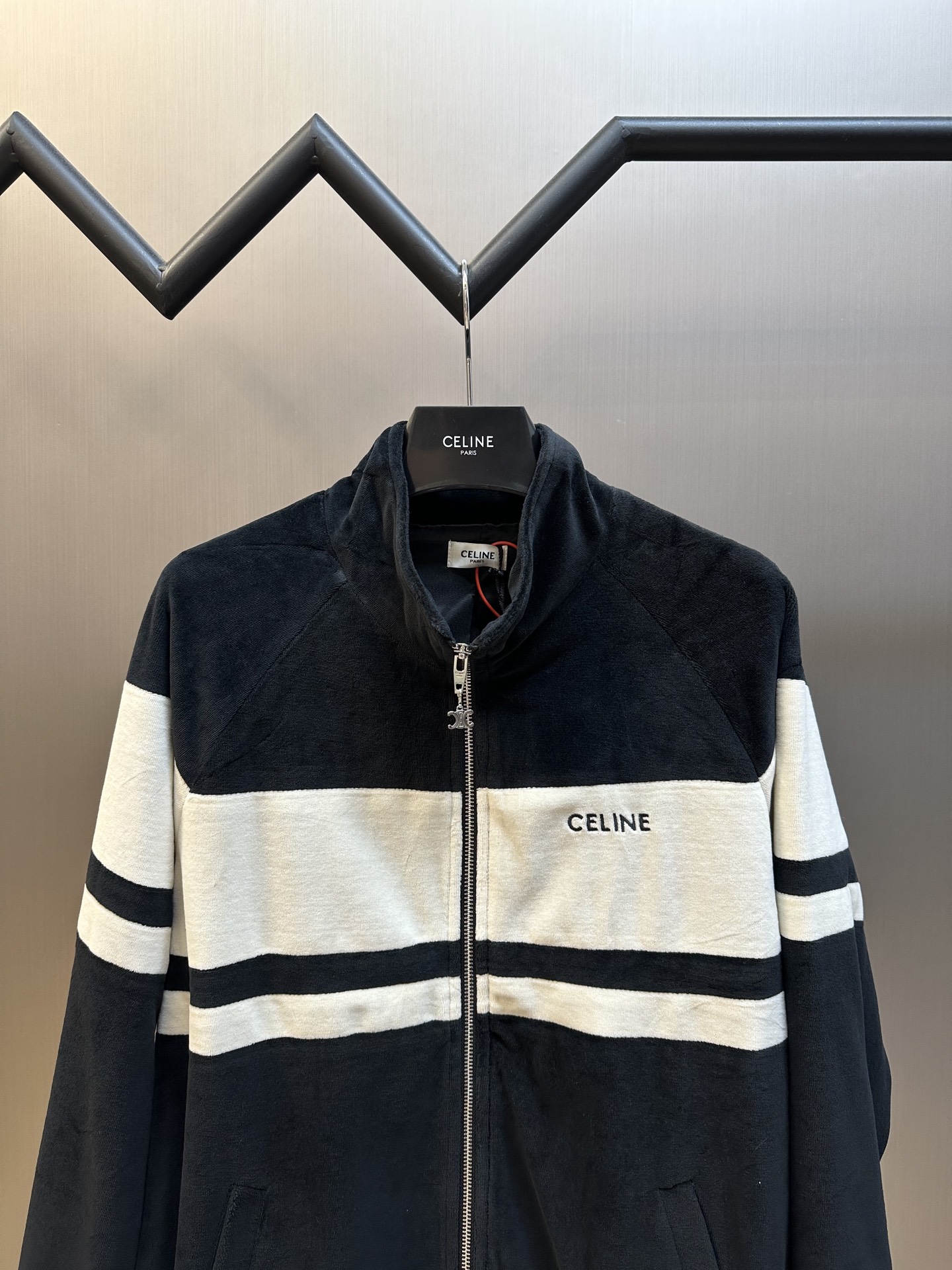 CELINE Men's Tracksuit Jacket in Velvet Jersey "Black/White"(RV0GB748Q-38AW）