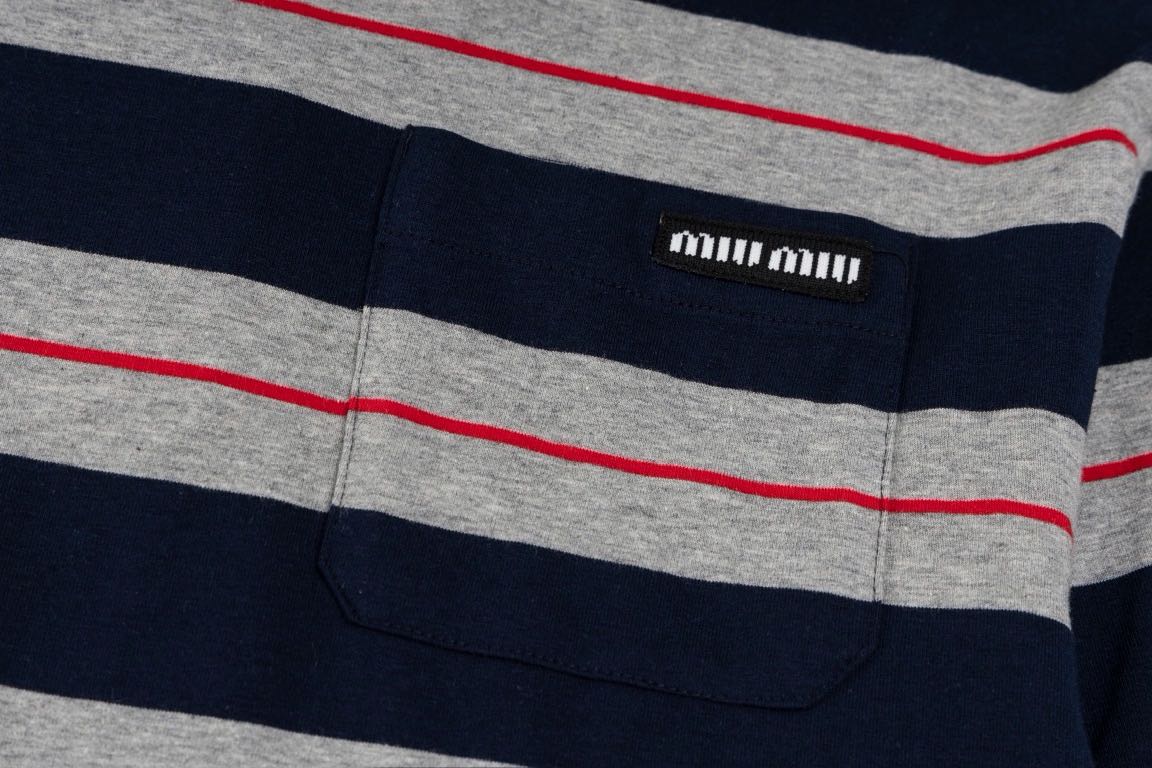 MIU MIU Long-sleeved cotton jersey T-shirt Bottle Gray/Navy（MJL014-14RT-F0S5G-S-OOO）