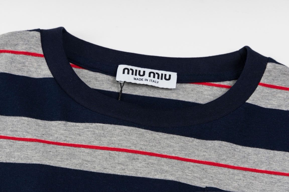 MIU MIU Long-sleeved cotton jersey T-shirt Bottle Gray/Navy（MJL014-14RT-F0S5G-S-OOO）