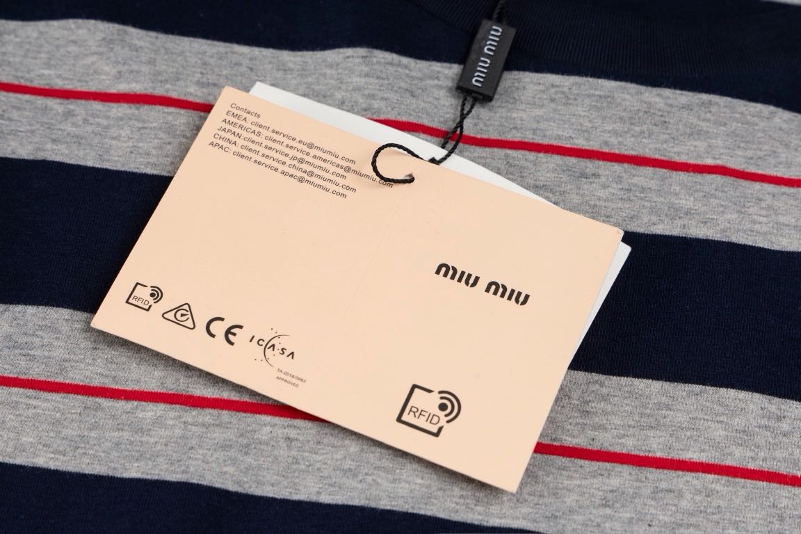 MIU MIU Long-sleeved cotton jersey T-shirt Bottle Gray/Navy（MJL014-14RT-F0S5G-S-OOO）