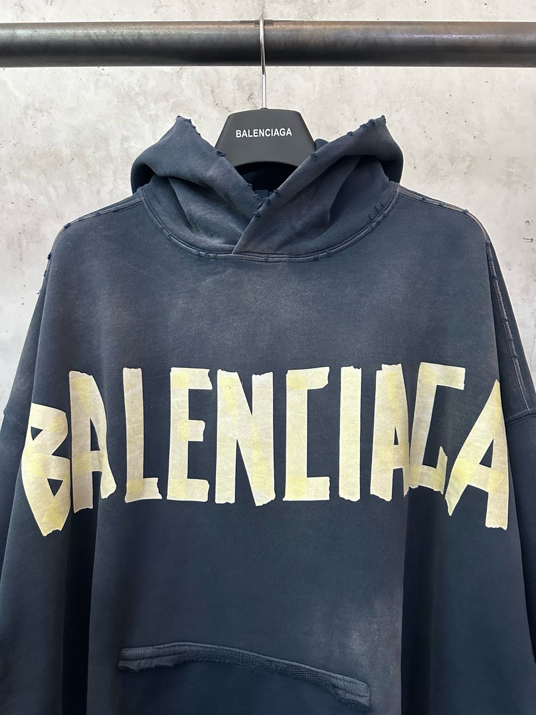 Balenciaga Tape Type Ripped Pocket Hoodie Oversized in black curly fleece(744190TOVB11055）