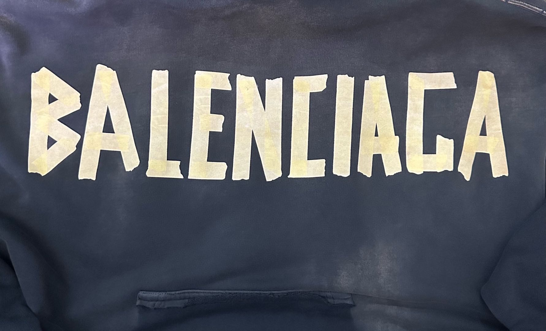 Balenciaga Tape Type Ripped Pocket Hoodie Oversized in black curly fleece(744190TOVB11055）