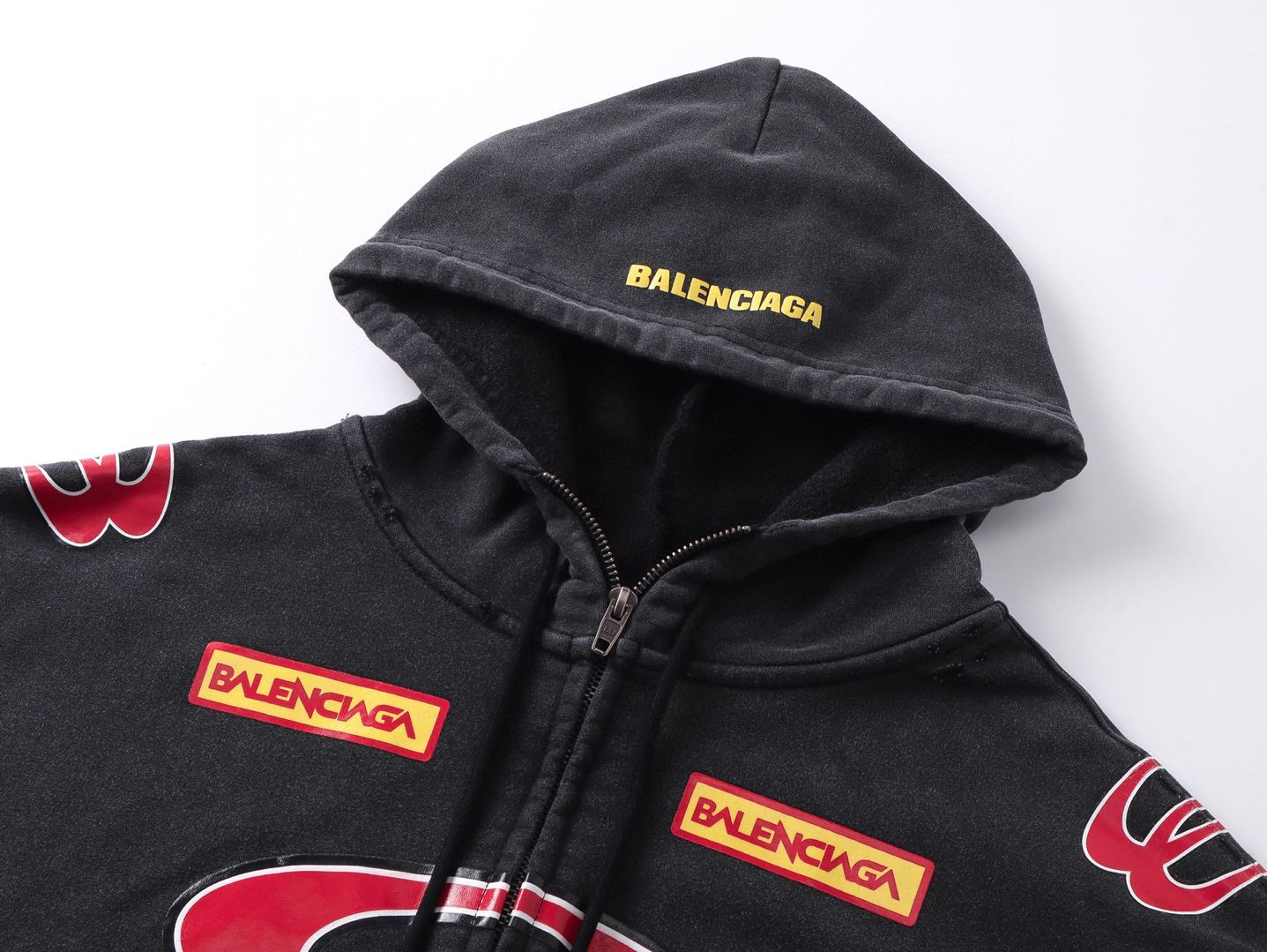 Balenciaga Men's Sponsor Logos Large Zip-up Hoodie in Black Faded（826162TSVE11041）