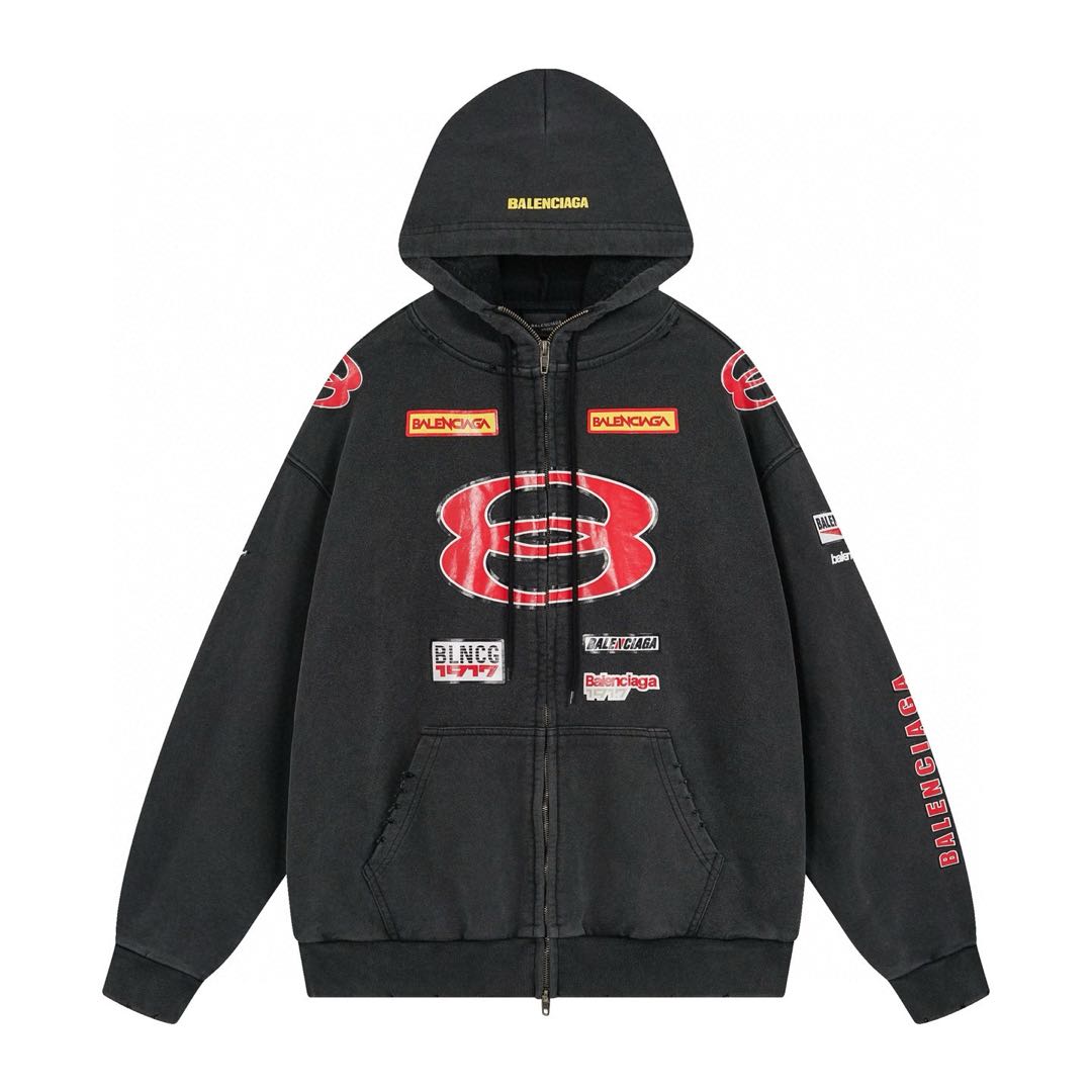 Balenciaga Men's Sponsor Logos Large Zip-up Hoodie in Black Faded（826162TSVE11041）