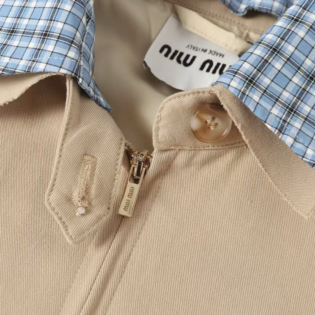 MIU MIU logo detachable plaid collar zip-up bomber jacket（ML1216-1UPX-F0065-S-OOO）