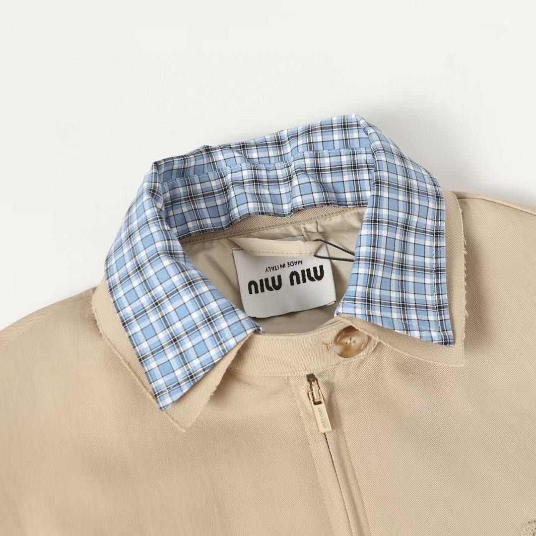 MIU MIU logo detachable plaid collar zip-up bomber jacket（ML1216-1UPX-F0065-S-OOO）