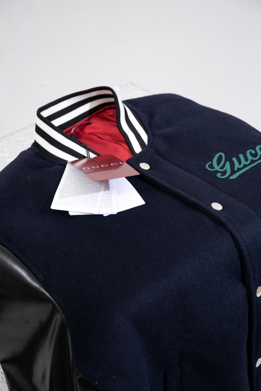 GUCCI Wool and leather varsity jacket, navy（794814-Z8BS9-4215）