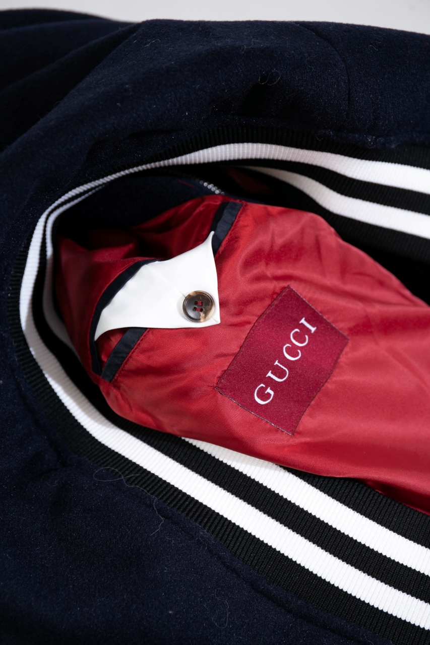 GUCCI Wool and leather varsity jacket, navy（794814-Z8BS9-4215）
