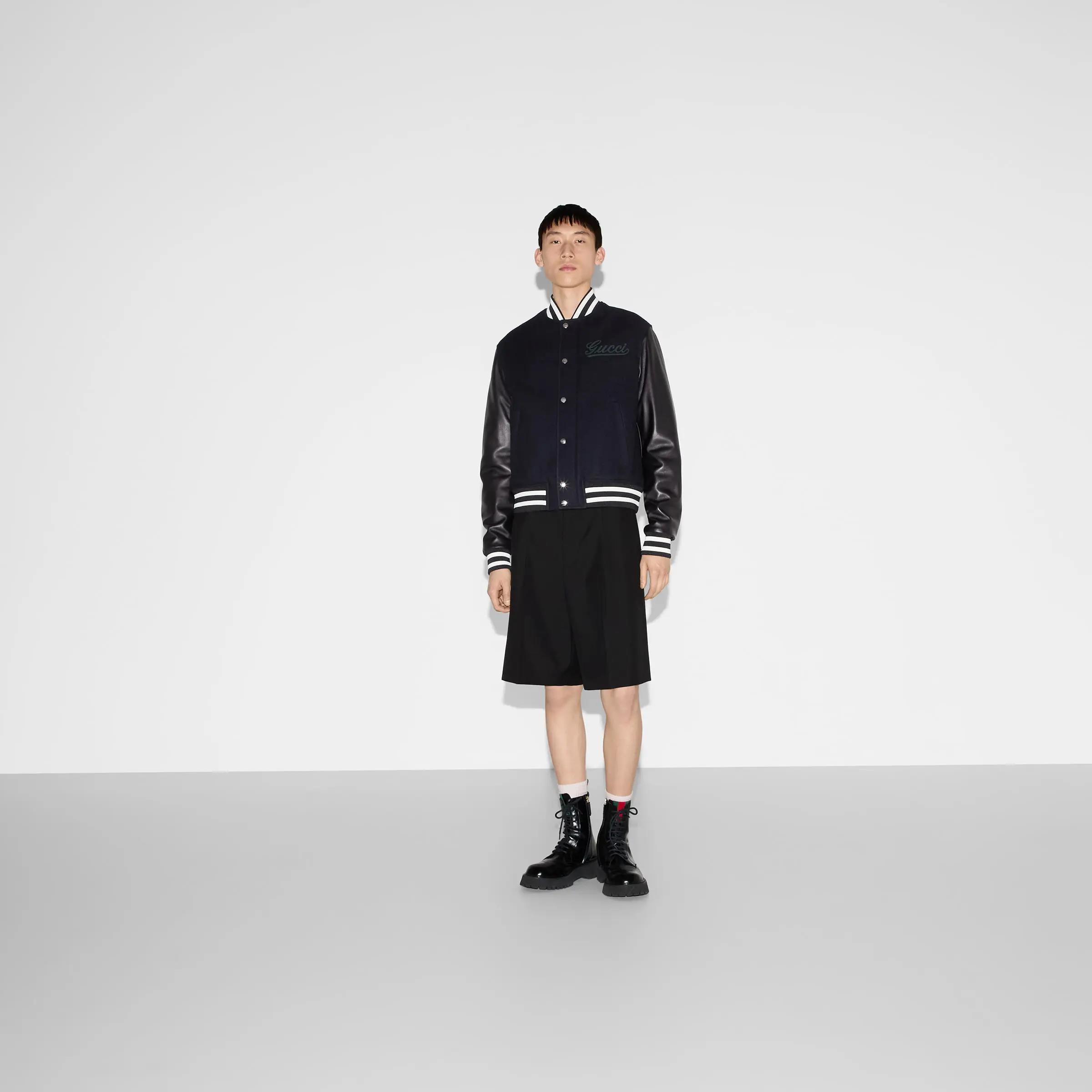 GUCCI Wool and leather varsity jacket, navy（794814-Z8BS9-4215）