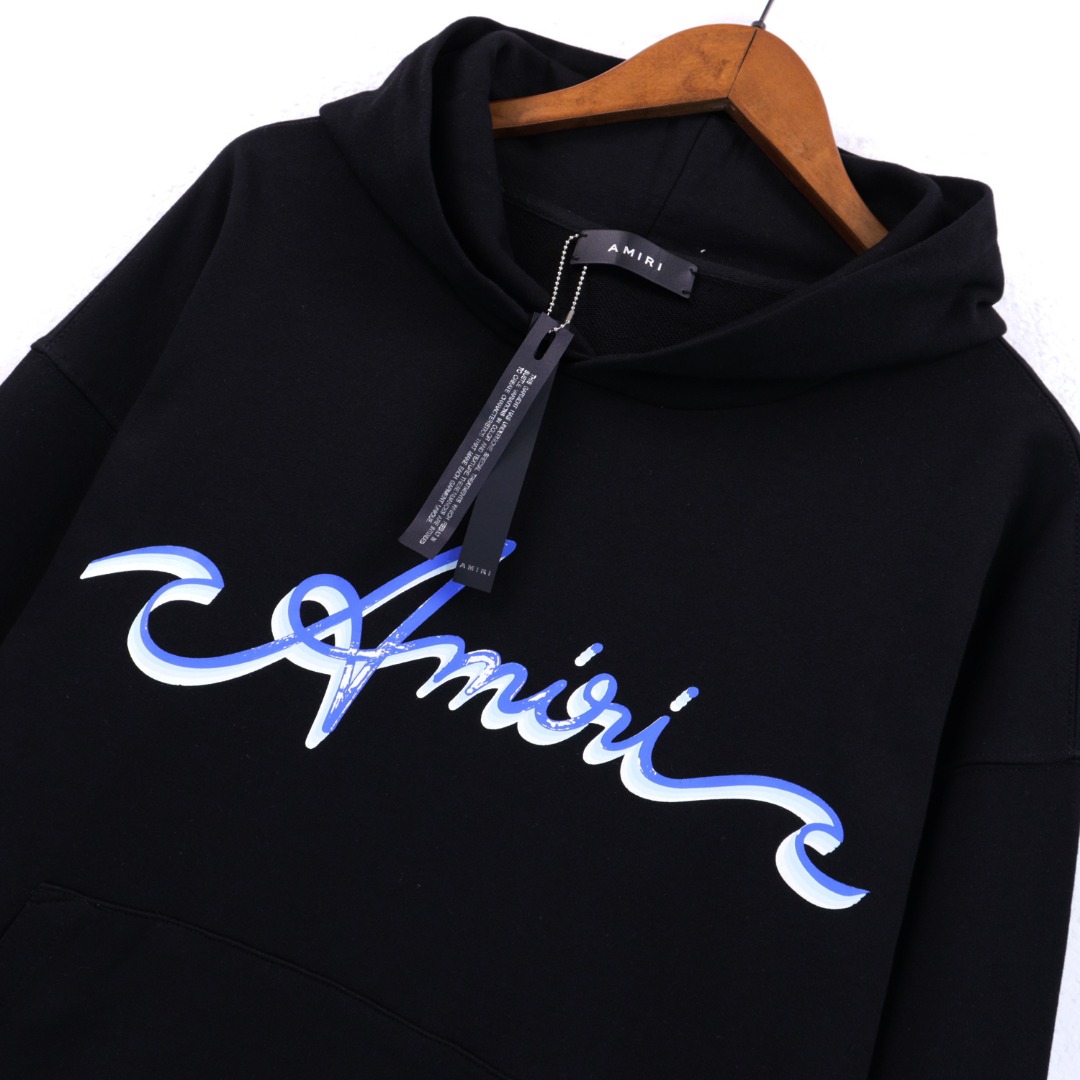 Amiri Wave Logo Cotton Graphic Hoodie (AMJYHD1043-BLACK）