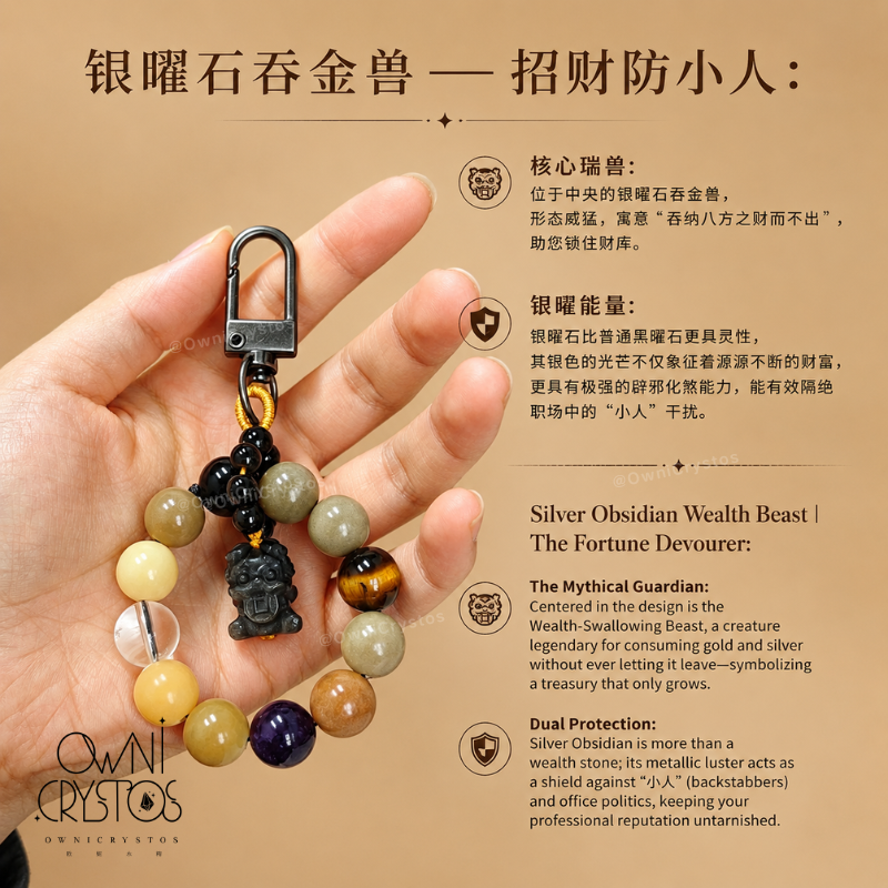 Wealth Beast obsidian Bodhi Clear quartz Amethyst Tiger eye unisex crystal bag charm