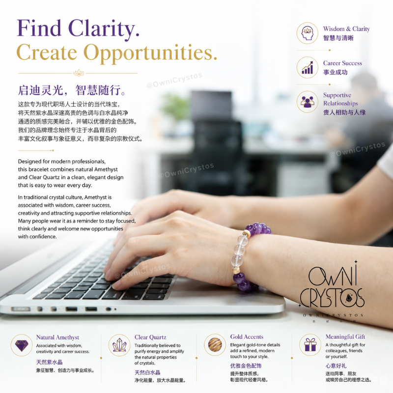 Career Boost Natural crystal bracelet amethyst clear quartz for woman gift present