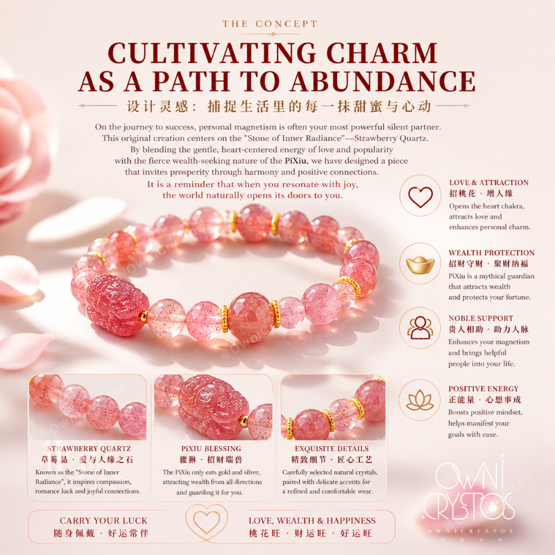 PiXiu Popularity Wealth fengshui natural crystal bracelet woman gift strawberry quartz