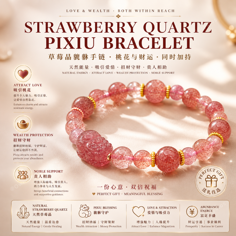 PiXiu Popularity Wealth fengshui natural crystal bracelet woman gift strawberry quartz