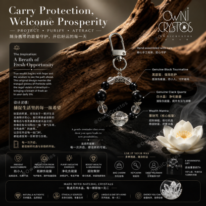 Wealth Mantra Feng Shui Natural crystal bag charm Black Tourmaline Clear Quartz unisex