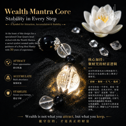 Wealth Mantra Feng Shui Natural crystal bag charm Black Tourmaline Clear Quartz unisex