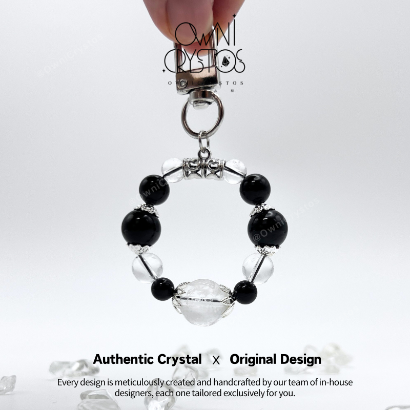 Wealth Mantra Feng Shui Natural crystal bag charm Black Tourmaline Clear Quartz unisex