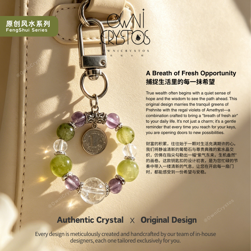 Wealth Mantra Career Healing Natural crystal bag charm Prehnite Amethyst Clear Quartz