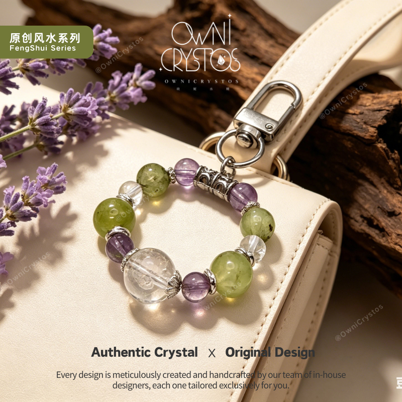 Wealth Mantra Career Healing Natural crystal bag charm Prehnite Amethyst Clear Quartz