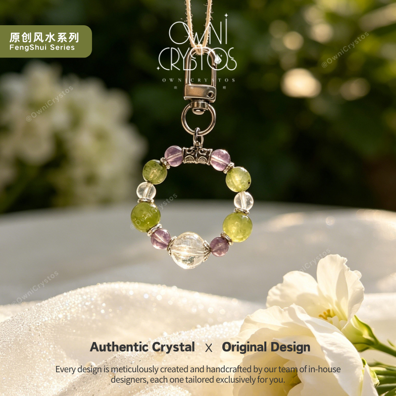 Wealth Mantra Career Healing Natural crystal bag charm Prehnite Amethyst Clear Quartz