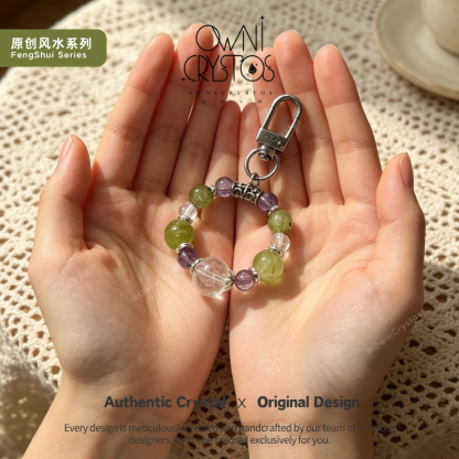 Wealth Mantra Career Healing Natural crystal bag charm Prehnite Amethyst Clear Quartz