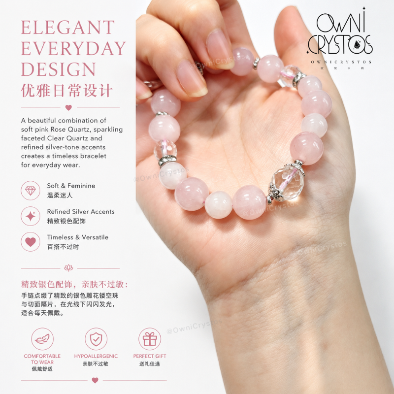 Love & Popularity Natural crystal clear rose quartz bracelet for woman gift present