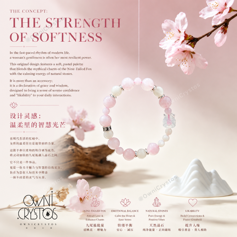 Nine Tail Fox Love Wealth Natural crystal bracelet for woman Rose quartz Agate
