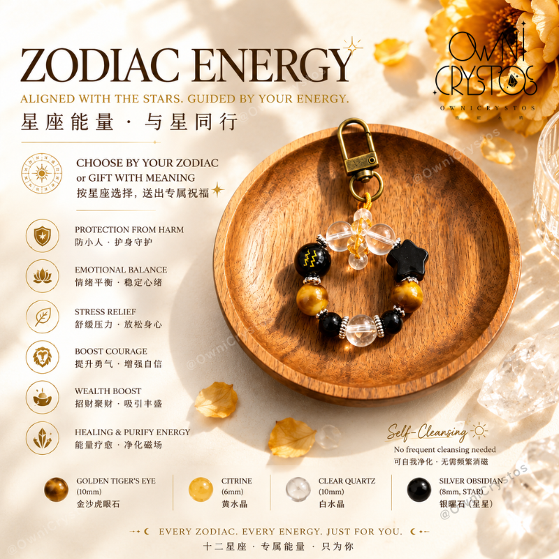 Zodiac Energy Natural crystal Bag Charm unisex Obsidian Citrine Clear Quartz Tiger eyes