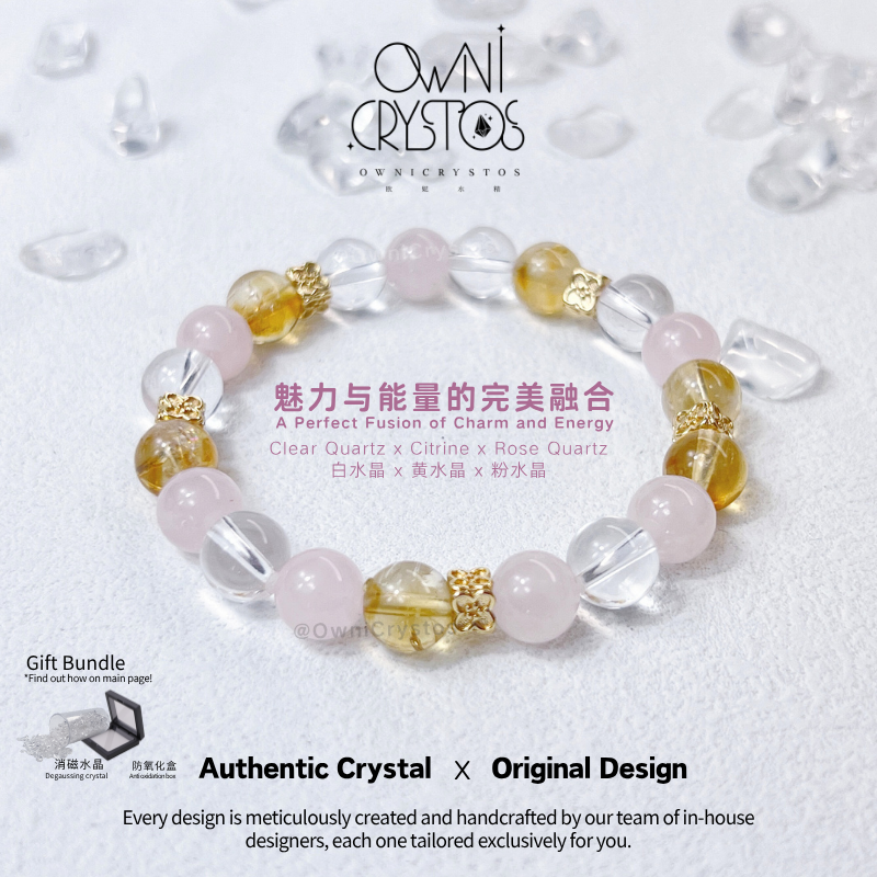 A Perfect Fusion of Charm and Energy with citrine, rose quartz and clear quartz
