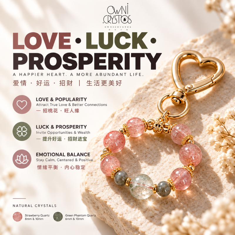 Relationship Wealth Strawberry Quartz Green phantom Quartz Natural crystal bag charm keychain