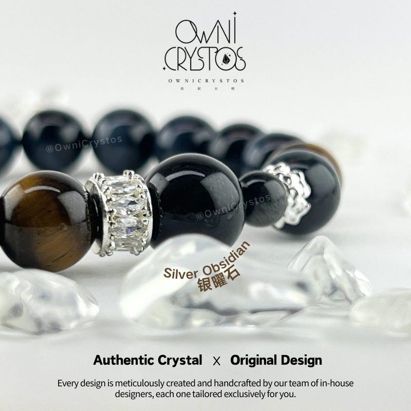 Lucky Cat Blue tiger eye Yellow tiger eye Silver Obsidian Bracelet