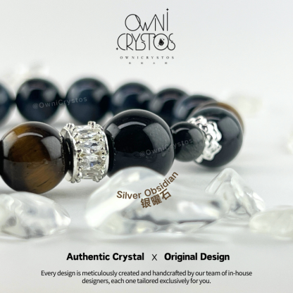 Lucky Cat Blue tiger eye Yellow tiger eye Silver Obsidian Bracelet