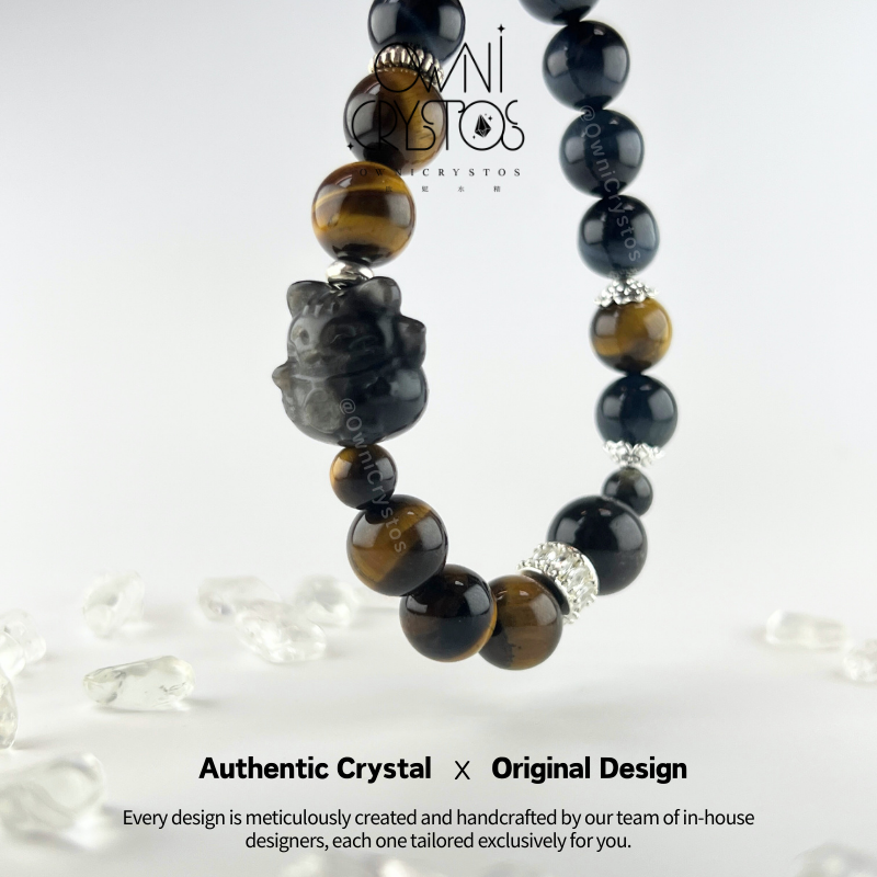 Lucky Cat Blue tiger eye Yellow tiger eye Silver Obsidian Bracelet