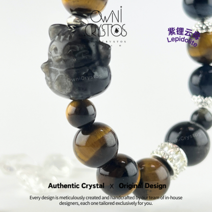 Lucky Cat Blue tiger eye Yellow tiger eye Silver Obsidian Bracelet