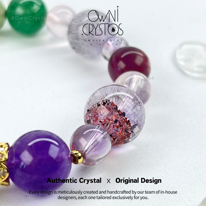 Super Seven Rose Quartz Amethyst Green Strawberry Quartz Prehnite Lepidolite crystal bracelet