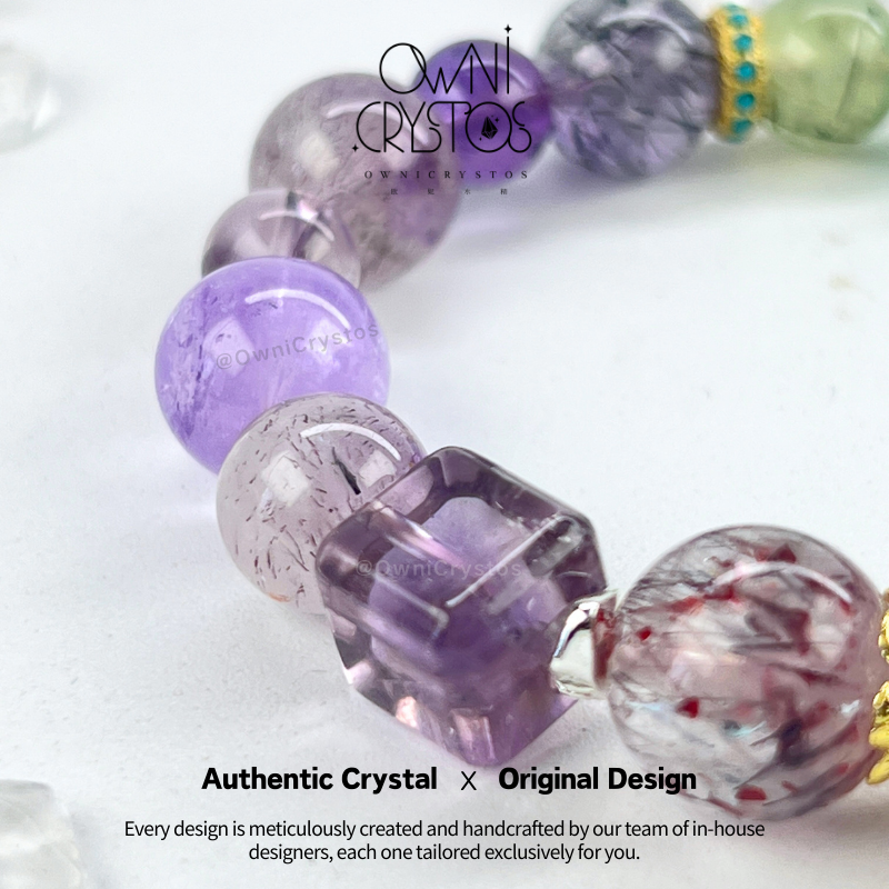 Super Seven Rose Quartz Amethyst Green Strawberry Quartz Prehnite Lepidolite crystal bracelet