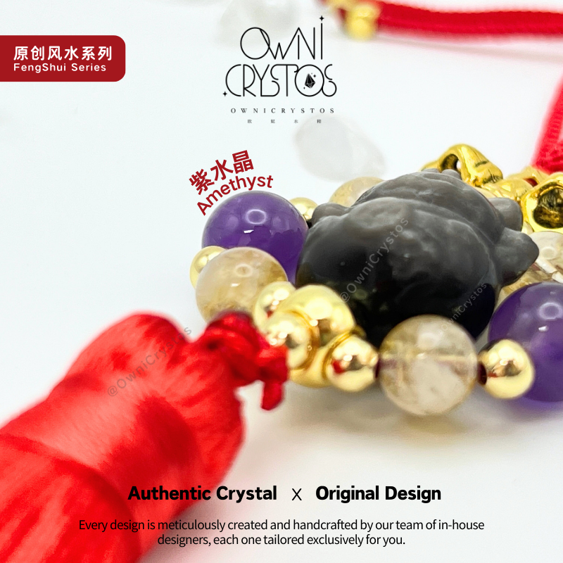 2026 Feng Shui Wealth Lucky Cat bag charm Natural crystal amethyst citrine obsidian