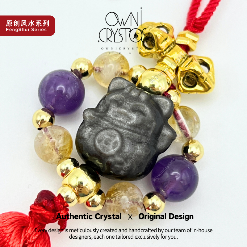 2026 Feng Shui Wealth Lucky Cat bag charm Natural crystal amethyst citrine obsidian