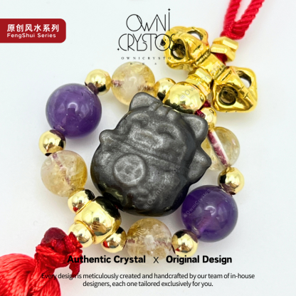2026 Feng Shui Wealth Lucky Cat bag charm Natural crystal amethyst citrine obsidian