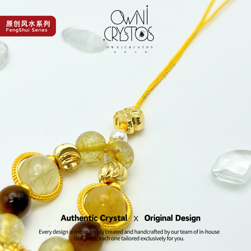 Wealth Charm Gold Rutilated Quartz Tiger eyes Natural crystal bag charm phone strap